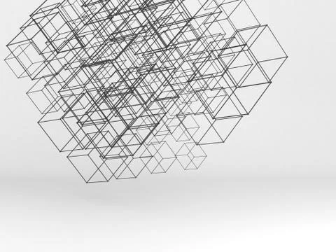 Random sized wire-frame cubes mesh over white Illustrazione stock