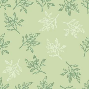 Random spring seamless pattern with green and white contoured branches. Light Illustrazione stock
