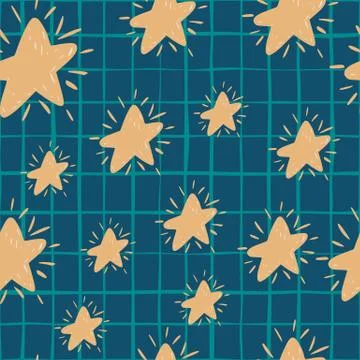 Random star elements seamless doodle pattern. Hand drawn beige ornament on na Stock Illustration