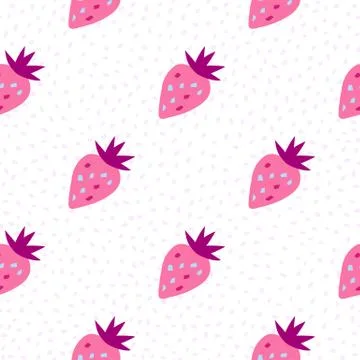 Random strawberries seamless pattern on dots background. Geometric strawberry Stock Illustration