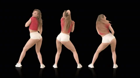 Random three twerking girls dancing and waving butt isolated on black background Stock Footage 144489776