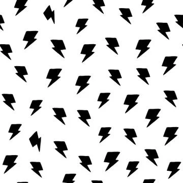 Random thunder backdrop seamless pattern on white background. Black lightning Stock Illustration