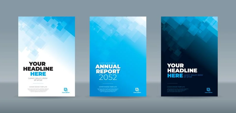Random transparent white blue square on blue background, A4 book cover template Stock Illustration
