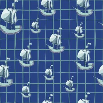 Random travel seamless pattern with doodle sailboat ship shapes. Navy blue ch Stock Illustration