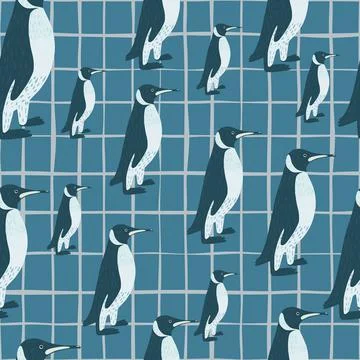 Random tropic zoo seamless pattern with doodle penguin ornament. Chequered ba Illustrazione stock