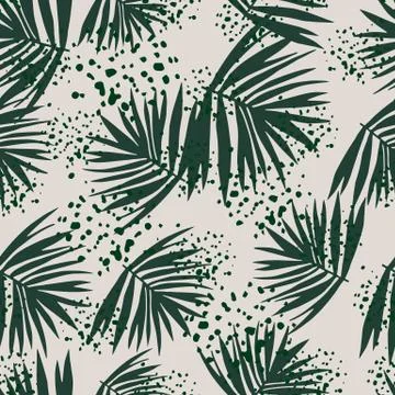 Random tropical leaves seamless pattern. Dark green foliage bush on grey back Stock Illustration