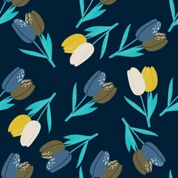 Random tulip flower silhouettes seamless pattern. Navy blue background with y Stock Illustration