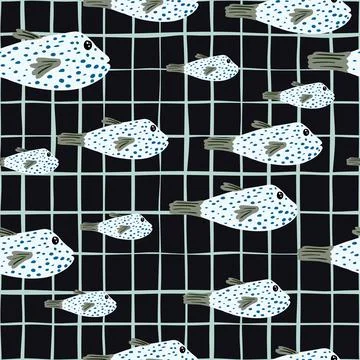 Random underwate fish silhouettes seamless doodle pattern. Black background w Stock Illustration