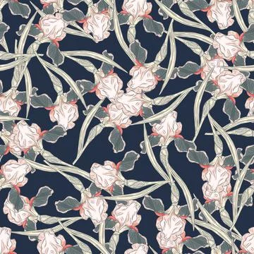 Random vintage style seamless pattern with simple iris flowers silhouettes. N Illustrazione stock