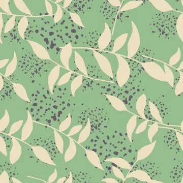 Random vintahe branch leafs seamless pattern. Light yellow foliage on green b 스톡 일러스트