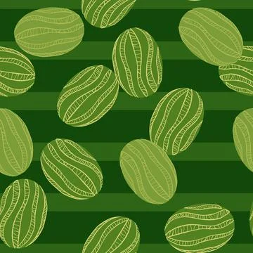 Random vitamin seamless pattern with hand drawn watermelon elements. Green st 스톡 일러스트