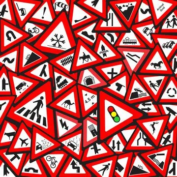 Random warning triangle red traffic signs background abstract safety concept Stock Illustration