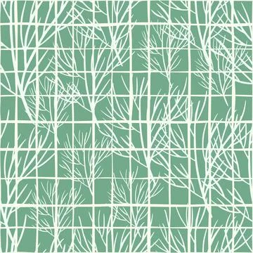 Random white contoured tree branches ornament seamless pattern. Light turquoi Illustrazione stock