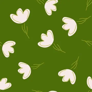 Random white simple flowers shapes seamless natural pattern. Green background 스톡 일러스트