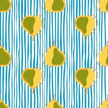 Random yellow contoured pears elements seamless doodle pattern. Blue and whit Stock Illustration