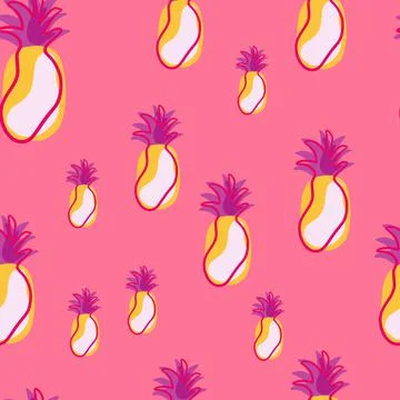 Random yellow pineapples fruit seamless doodle pattern. Bright pink backgroun Illustrazione stock