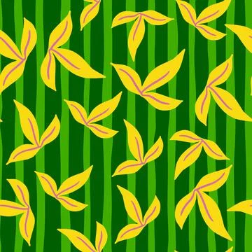 Random yellow simple leaf ornament seamless pattern. Green striped background Illustrazione stock