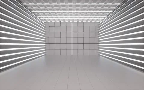 Randomly arranged cubes and neon lines in the white room, 3d rendering. Stock Illustration