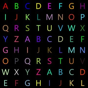 Randomly colored uppercase letters arranged in alphabetical order on a blac.. Stock Illustration