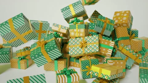 Randomly falling down gifts or present boxes animation. Green, white, gold 스톡 동영상 163553042