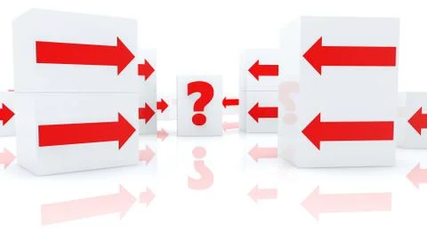 Randomly red arrows and question mark on white cubes on white background Stock Illustration