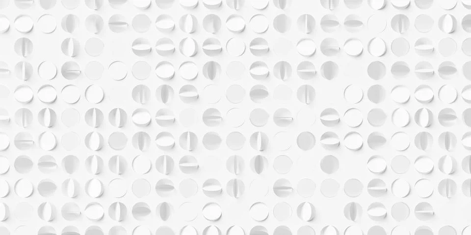 Randomly rotated white round circle flaps on white background wallpaper ban.. Stock Illustration