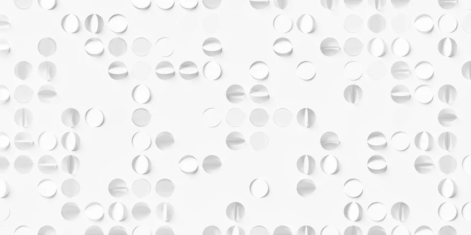Randomly rotated white round circle flaps on white background wallpaper ban.. Stock Illustration