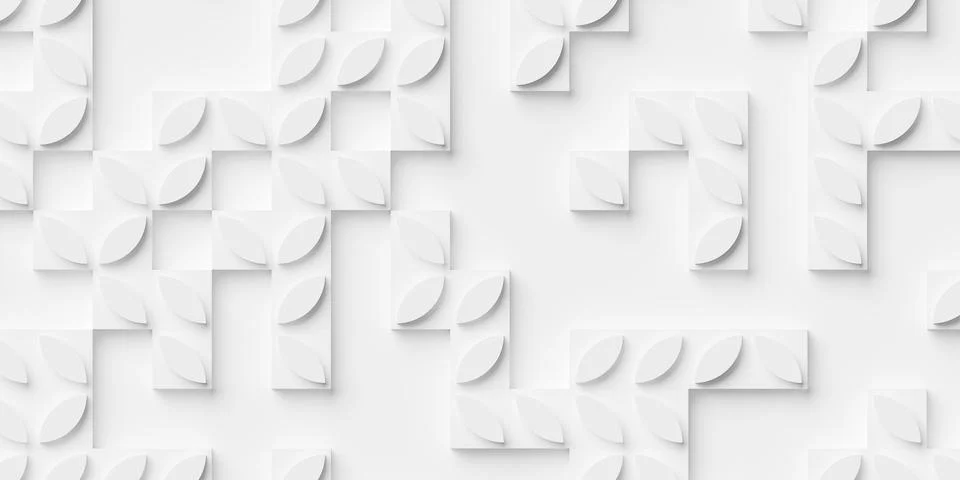 Randomly scattered cubes with leaf shapes on top geometry wallpaper banner .. Stock Illustration