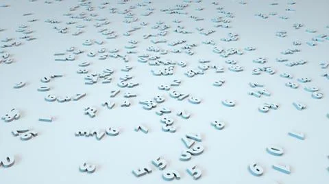 Randomly scattered numbers on a flat surface, computer generated. 3d rendering Illustrazione stock