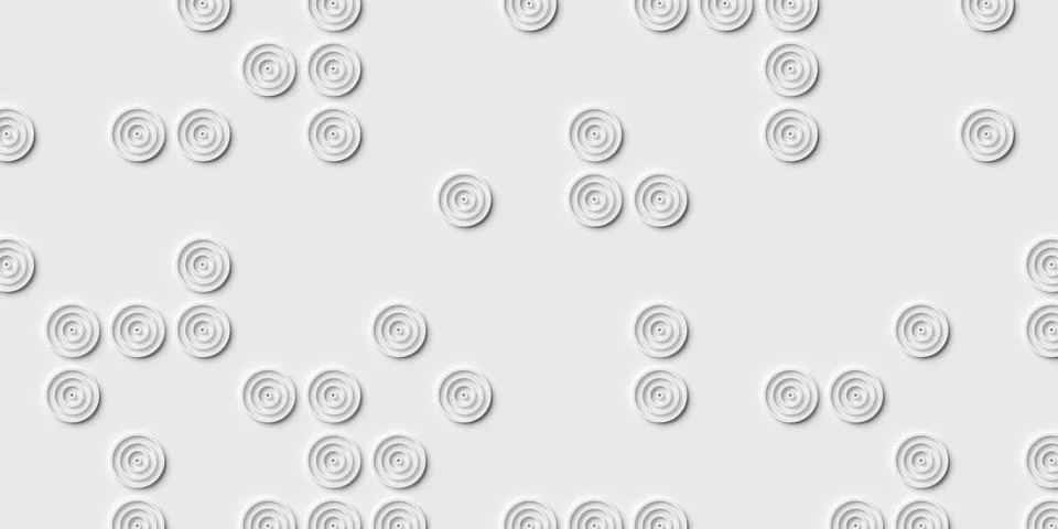 Randomly scattered white concentric rings cylinders polygons pattern on whi.. Stockillustratie