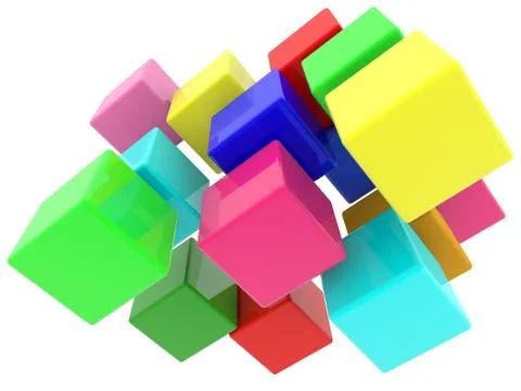 Randomly stacked cubes in various colors on white background Stock Illustration