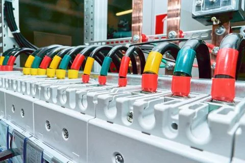 Range of electrical wires or cables are connected to the power circuit breake Stock Photos