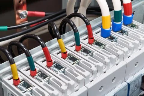 Range of electrical wires or cables are connected to the power circuit breake Foto stock