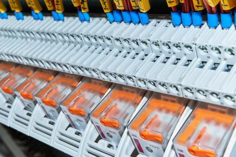 A range of intermediate relays in the electrical Cabinet. Stock Photos