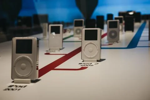 Range of iPods inside Apple Museum in Prague, Czech Republic. Stock Photos