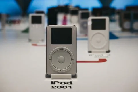 Range of iPods inside Apple Museum in Prague, Czech Republic. Stock Photos