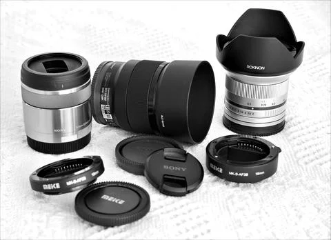 Range of lens accessories for Sony E-mount APC cameras Stock Photos