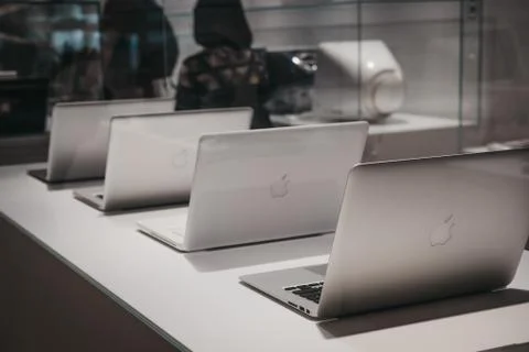 Range of MacBooks on display inside Apple Museum in Prague,Czech Republic. Stock-Fotos