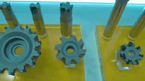 Range of new, shiny cutters for milling machines, of various shapes and purposes Stock Footage 333361859