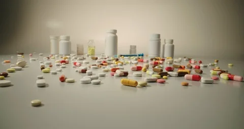 A range of pills, tablets cans and syringes on white table, representing modern Stock-Footage 119048387