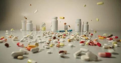 A range of pills, tablets cans and syringes on white table, representing modern Stock Photos