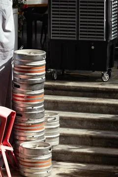 Range of stacked beer casks of kegs in brewery. 스톡 사진