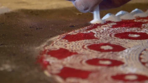 Rangoli With Coloured Powder Being Created By Rangoli Artist,mumbai,india. Stock Footage 91754792
