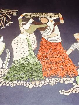Rangoli of two workingwomen made by using spices &amp; vegetables, maharashtra, i Stock Photos