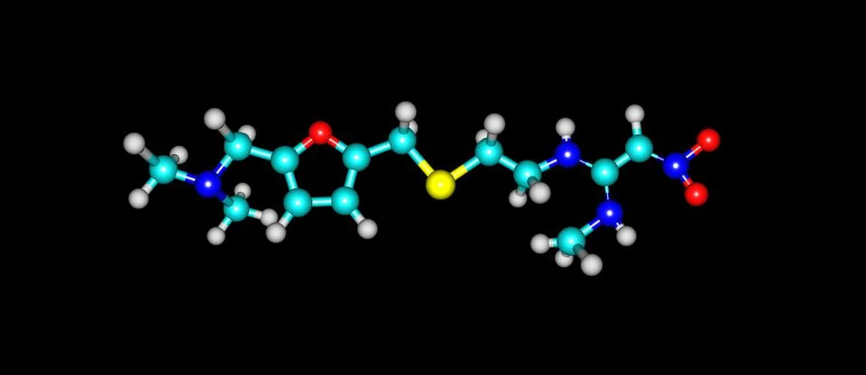 Ranitidine molecular structure isolated on black Illustrazione stock