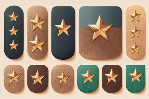 Ranking badges with star. Frame for game design cartoon set of wooden and gold. Stock Illustration