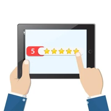 Ranking on tablet. Hands holding black tablet with yellow rank stars on scree Stock Illustration