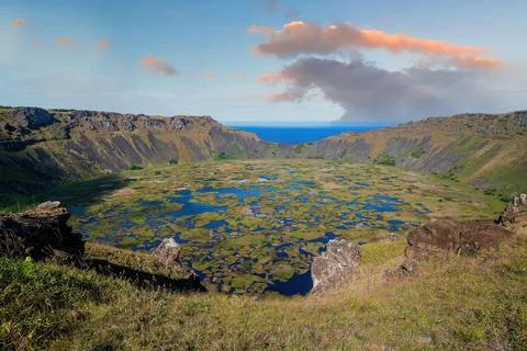 Rano Kau, the largest volcano on Easter Island Stock Photos