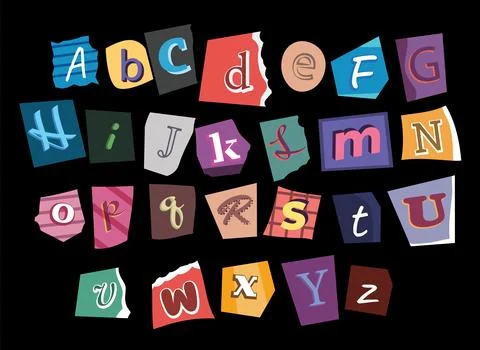 Ransom Alphabet vector font type, cut paper note letters colorful various style Stock Illustration