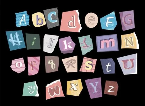 Ransom Alphabet vector font type, faded cut paper letters colorful various style Stock Illustration